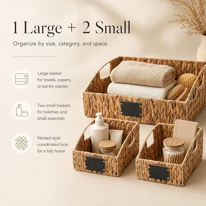 Water Hyacinth Pantry Baskets Set of 3, Chalkboard Labels | Wicker Baskets for Shelves, Woven Pantry Organizer, Laundry Room, Bathroom & Bedroom Storage, Cutout Handles, Large + 2 Small - Image 2