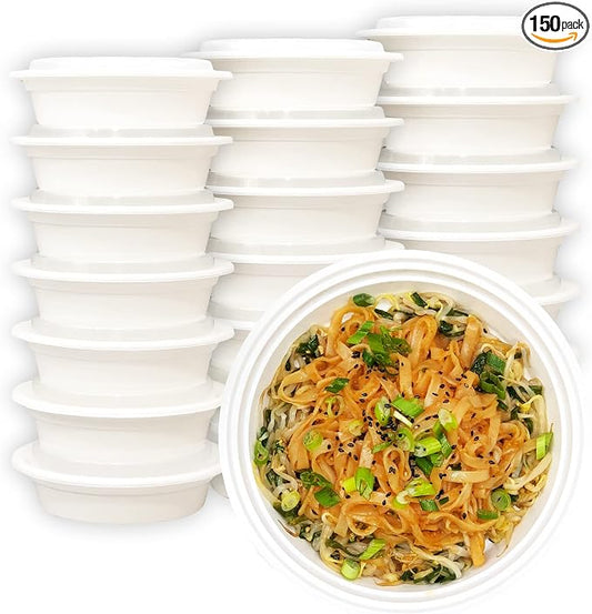 MULMEHË Plastic Food Storage Take-Out Container and Lid Combo, 16 oz, Microwaveable, Round, White, 6x1.5”, Set of 150 by MULMEH%C3%8B%C2%AE