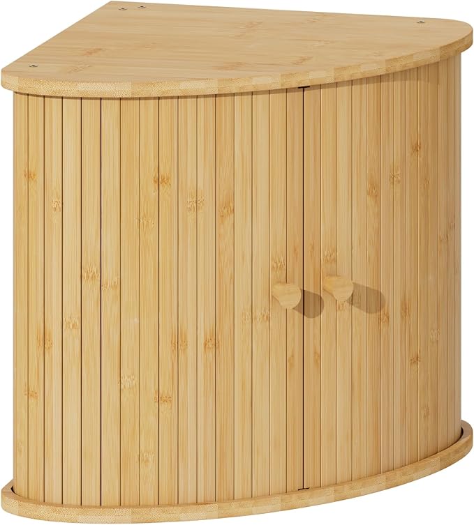 Corner Bread Box for Kitchen Countertop, Solid Bamboo Wood Bread Box, Two Layer Wooden Bread Storage Capacity by VRICCC