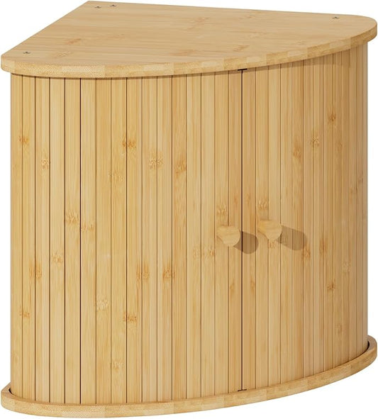 Corner Bread Box for Kitchen Countertop, Solid Bamboo Wood Bread Box, Two Layer Wooden Bread Storage Capacity by VRICCC