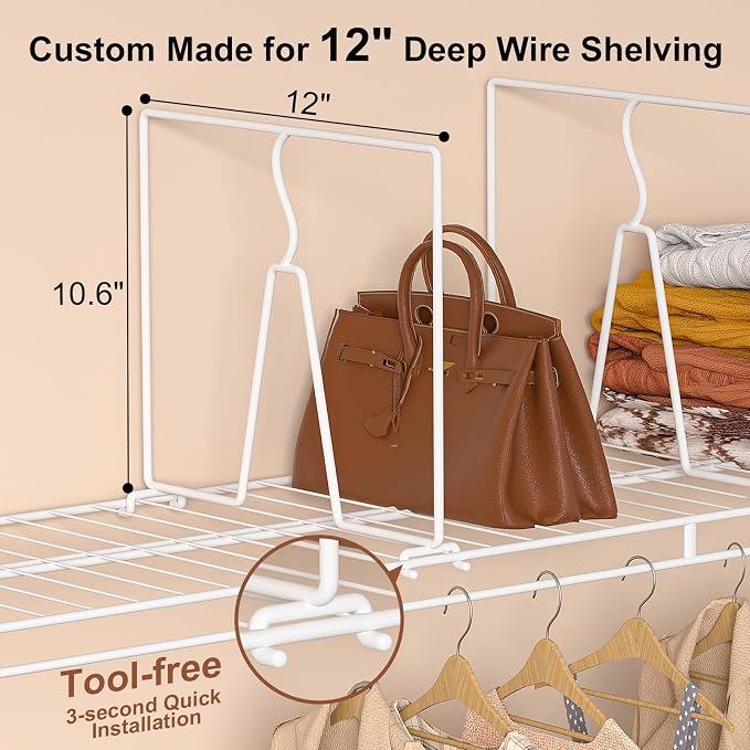 Wire Shelf Dividers for Closet: Tall 10.6in x Deep 12in, 16 Pack | Wire Shelves Organizer for Closet - Adjustable Purse Organizer for Clothes, Sweater, Towels Jeans - Metal Pantry Separators - Image 2