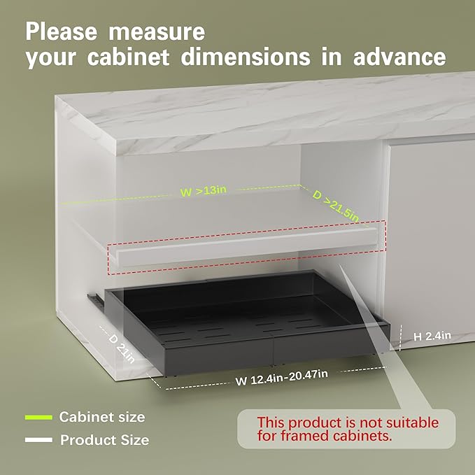 Seinloes 2 Pack Pull Out Cabinet Organizers 21"Deep with Raising Pad for Framed Cabinets,Expandable Slide Out Drawers Upgrade 3 Slide Rails,Roll Out Shelves Adhesive,Adjustable Width 12"-20.45" Black - Image 4