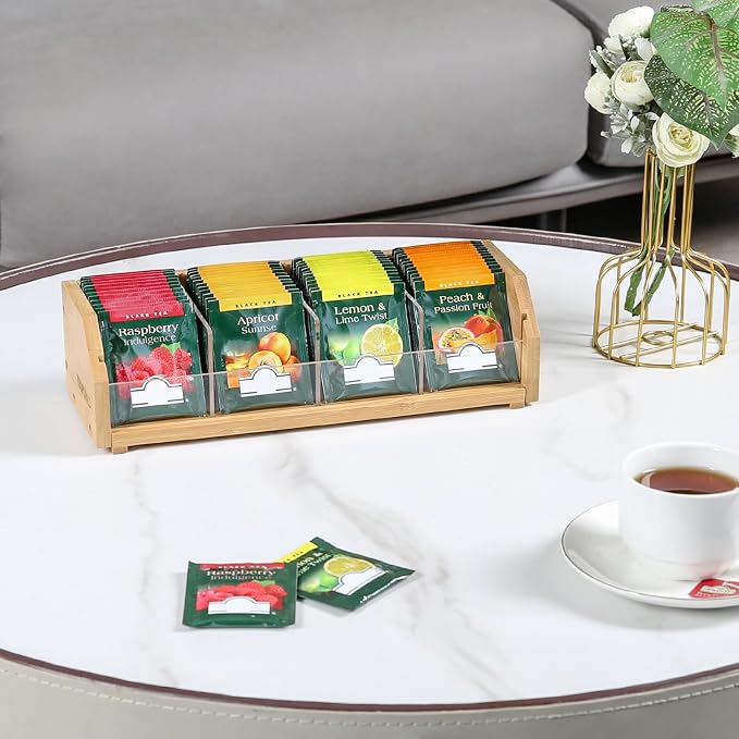 Small Bamboo Tea Bag Organizer, Tea Box Storage Holder, Natural | Holds 60 tea bags, Removable Compartments, Acrylic Dividers, Wood, for Cabinet, Countertop, Office, Drawer, K cups, coffee - Image 6