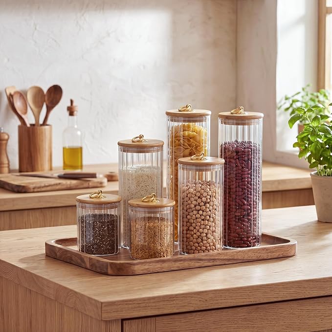 SiliFine 6 Set Glass Pantry Storage Jar with Acacia Airtight Lid 3 Size Glass Storage Container Jar for Pasta Spaghetti Cereal Coffee Bean Flour Sugar Rice, 17oz, 35oz, 53oz (Bamboo Lid with Ring) - Image 5
