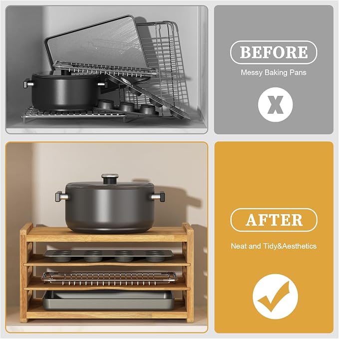 4 Tier Rubber Wooden Tray Dividers for Cabinets, Cookie Sheet Organizer | Heavy Weight, Premium Wood, Multiple Sizes, Saving Space, Vertical Tray Dividers for Storing pans, Baking tray, Cutting Board - Image 5
