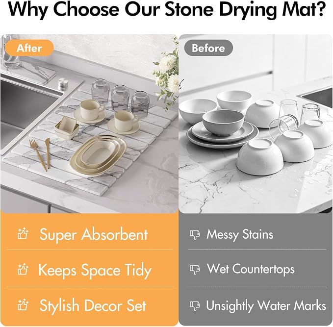 4 Pcs Diatomaceous Earth Dish Drying Mat Set, 24''x16'' Stone Dish Drying Mat, Faucet Mat and 2 Coasters for Kitchen Counter, Super Absorbent Quick Dry Mats for Dishes Bottles Cups - Image 8