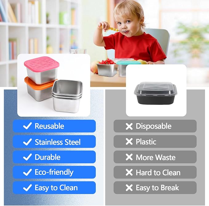 8 Pack 180ml/6oz Stainless Steel Snack Containers with Silicone Lids | 180ml Small Metal Food Storage Boxes for School Daycare Picnic Summer Camp, Reusable BPA-Free Meal Prep Condiment Cups - Image 4