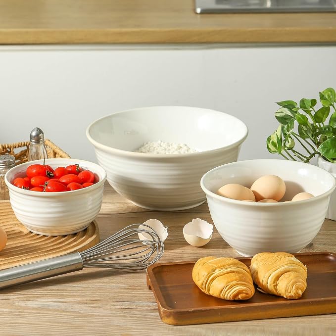 Hasense Mixing Bowls, Ceramic Serving Dishes for Cooking, Baking, Prepping, Nesting Bowls for Salads, Fruit, Popcorn, 2.1/1.5/1.0 Qt, Dishwasher & Microwave Safe, Clay-Infused White - Image 6