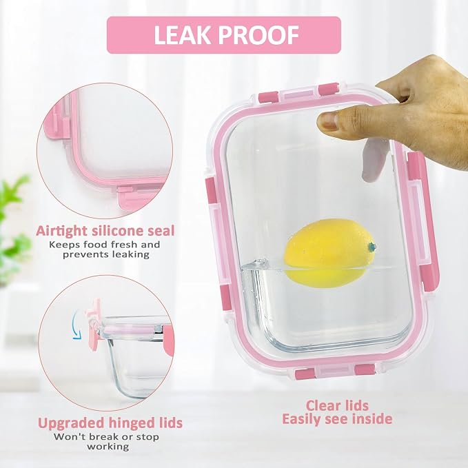 M MCIRCO 10 Pack Glass Food Storage Containers with Lids, Pink | Glass Meal Prep Containers,Airtight Lunch Containers with Lids, Microwave, Oven, Freezer and Dishwasher Friendly, BPA Free - Image 3