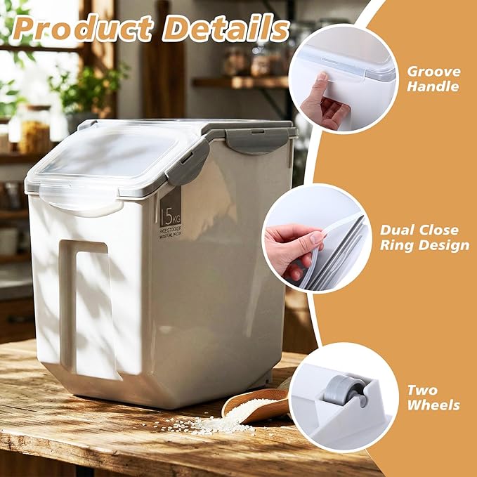 4 Pack Rice Storage Container With Wheels Plastic Airtight Lid Flour Container Bin for Dog Pet Cereal Grain Dry Food, 15 Liter / 30 lbs (Gray) - Image 3