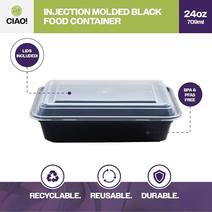 CIAO! Heavy Weight 24oz Injection Molded Microwavable Black Rectangular Food Container With Lid (150/case) - Image 2
