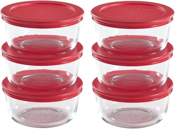 World Kitchen 711717427614 Pyrex 2 Cup Food Plus Storage Set, 12 Pieces, Clear with Red Lid | Complete 12-Piece Food Storage | BPA-Free Lids | Microwave And Dishwasher Safe by World+Kitchen