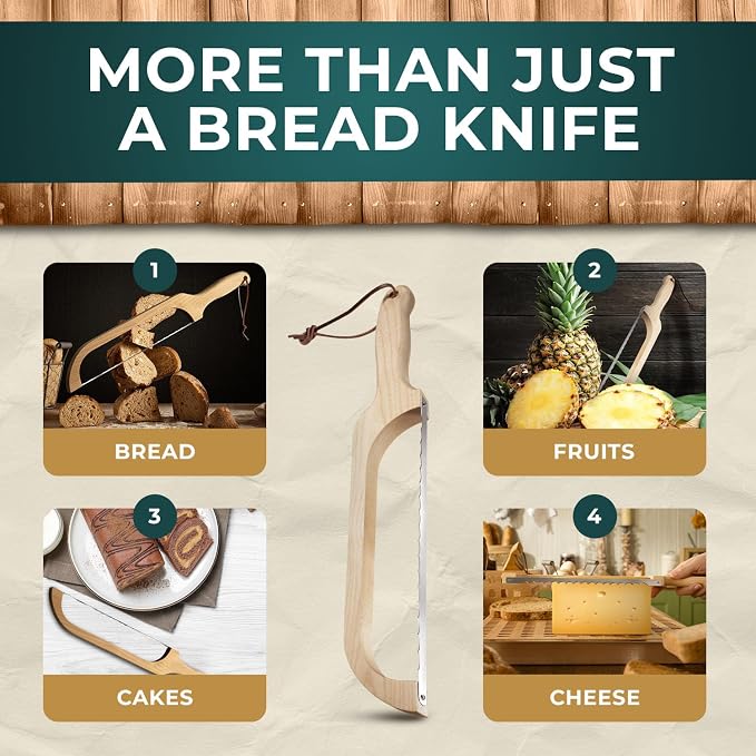 LLOTUS Bread Knife Package Slicer for Sourdough Bread, 16.5" Premium Wooden Bow Design, Premium Stainless Steel Serrated Saw, Cutter for cutting Loaf, Sandwich, Bagels, Homemade Bread (Birch) - Image 5