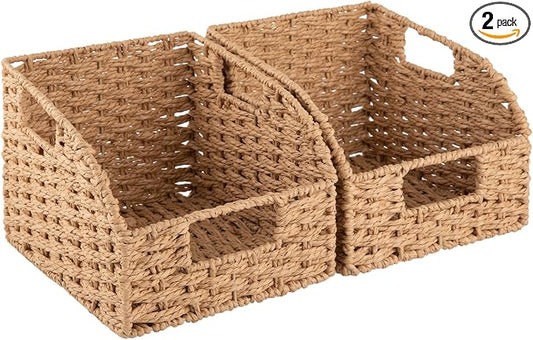 OIAHOMY Pantry Baskets for Organizing, Paper Rope Baskets with Built-in Handles, Wicker Storage Bins for Shelves, 2 Pack-Yellow by MasterofSpaceOptimization