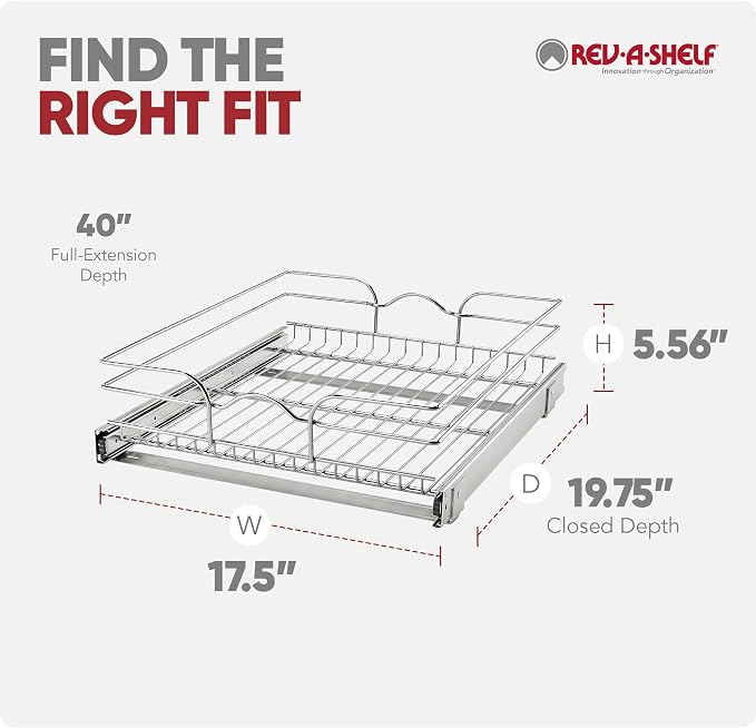 Rev-A-Shelf Steel Wire Pullout Drawer Organizer Shelf for Kitchen Cabinets, Slide Out Storage Basket, Min Opening Width of 17.5", 18" x 20", 5WB1-1820CR-1 - Image 9