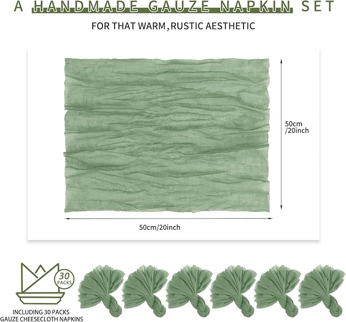 Teruntrue 30 Pack Sage Green Cheese Cloth Napkins Gauze Napkin Cloth Bulk 20 x 20 Inch Washable Boho Dinner Table Napkins for Wedding Party Baby Shower Birthday Party Decorations， - Image 2