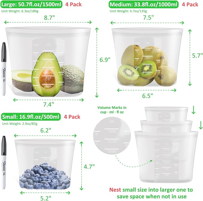 100% Platinum Silicone Reusable Storage Bags, 12 Pack, Premium Silicone Food Storage Bag Stand-Up Wide-Mouth Zip-Lock, Microwave Dishwasher Safe, 4 M + 4 S + 4 XS, Crystal-Clear - Image 3