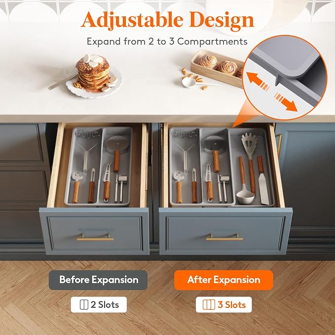 Lifewit Utensil Organizer for Kitchen Drawer, Expandable Cooking Silverware Tray, Adjustable Cutlery Flatware Holder, Plastic Spatula Tools Storage Divider, 14.4 x 15.8", Gray - Image 4