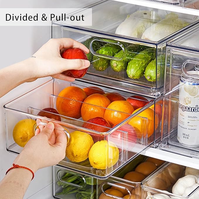 Mano 3PackFridge Drawer Pull Out Stackable Bins with Handle Clear Refrigerator Drawers Organizer Food Storage Container Box with Dividers Plastic Produce Saver for Pantry, Cabinet, Kitchen（2L+1XL） - Image 5