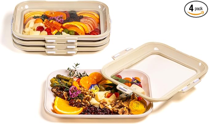 Crudités Portable Stretch-Lid Snack Tray, Rectangle 4-Pack, Cream White by Crudit%C3%A9s