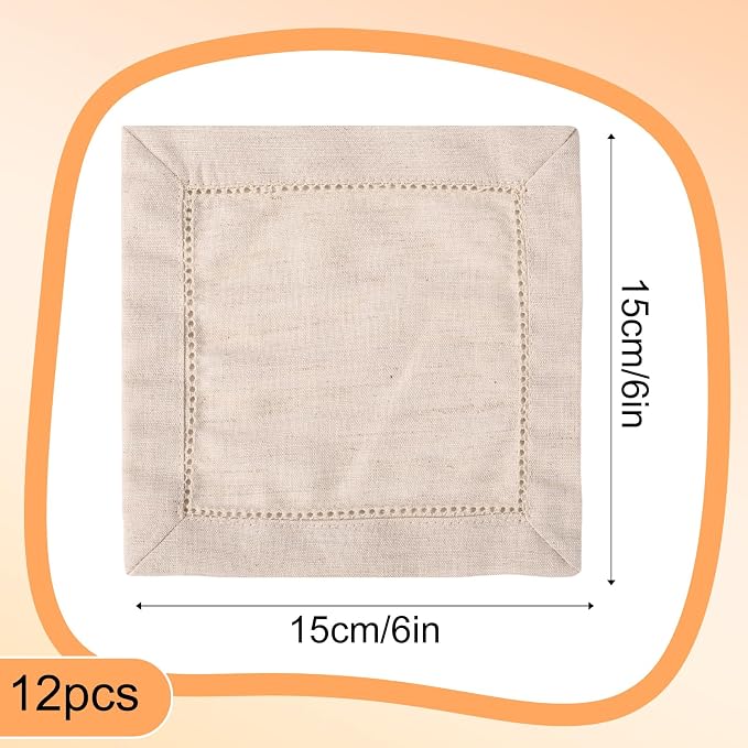 12pcs Linen Feel Cocktail Napkins, 6x6 Inch Reusable Cotton Cloth Serviettes Napkins Hemstitch Coaster Fabric for Wedding Birthday Baby Shower Party Home Table Bar Supplies (Natural) - Image 2