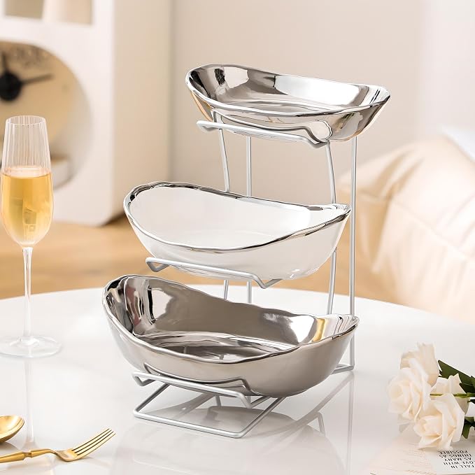 Gold Silver Fruit Bowl with Metal Stand, 3 Tier Ceramic White Fruit Bowl Fruit Rack for Kitchen Counter, Tiered Fruit Basket for Snacks Bread Candy Storage (Silver (Smooth Surface)) - Image 2