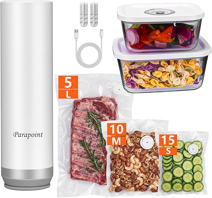 Handheld Vacuum Sealer for Food Powerful Vacuum Sealer Machine,Seal Meal Saver,Portable Food Sealer (Sealer + 2 Glass Vacuum Containers + 30 Reusable Bags) by PARAPOINT