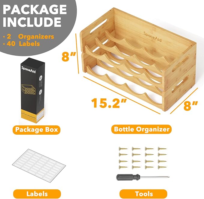 SpaceAid Bamboo Water Bottle Organizer with Labels, Kitchen Pantry Water Bottle Storage Rack for Cabinets, Home Cup and Wine Bottle Holder Shelf Organizers, 2 Pack 4-Slot, Hold 8 Bottles - Image 5