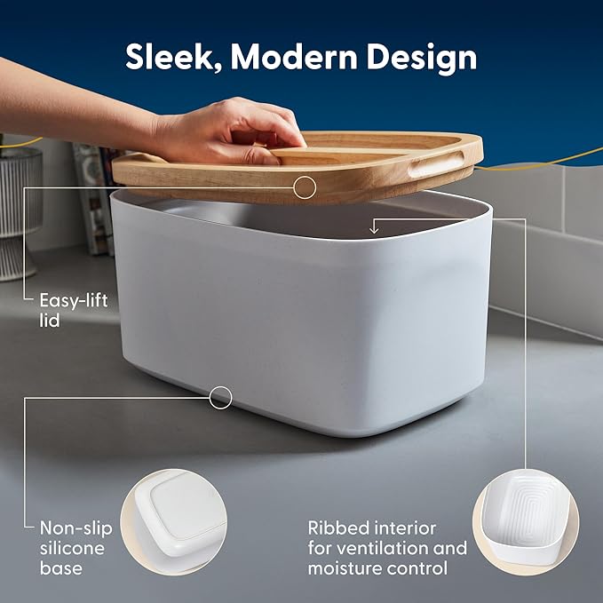 Sonder LA Union Bread Box with Wood Lid (White) Large 14.25x9.25x7 in | Bamboo Fiber & Recycled Plastic Body with Reversible Bread Board Lid, Kitchen Countertop Use, Larger Than It Appears, 4 lbs - Image 3