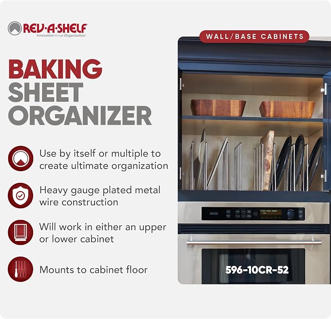 Rev-A-Shelf Baking Sheet Organizer for Wall/Base Cabinets, U-Shaped Bakeware & Cookie Sheet Wire Tray Divider for Kitchen Storage, Chrome, 596-10CR-52 - Image 2