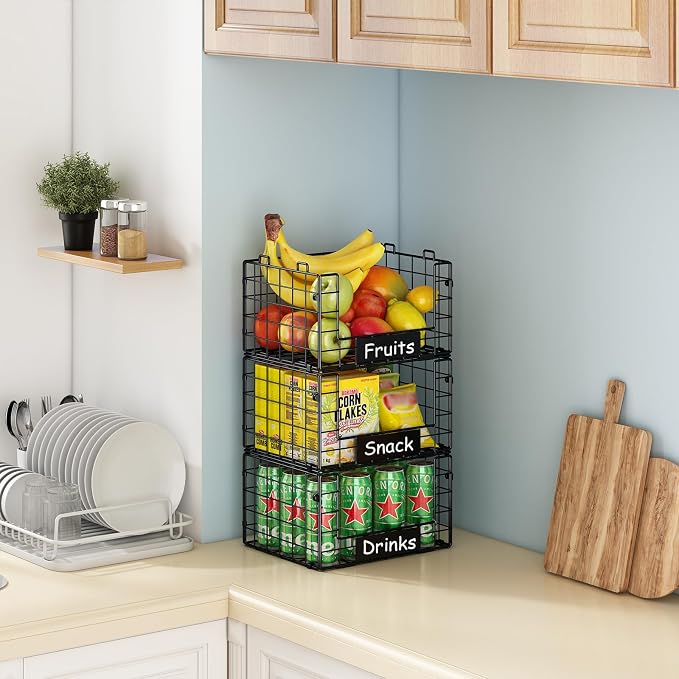 3 Pack XL Stackable Wire Baskets with Handle, Pantry Organizers and Storage | Snack Organizer & Vegetable Basket & Metal Pantry Bin & Fruit Basket for Kitchen Counter - Image 6