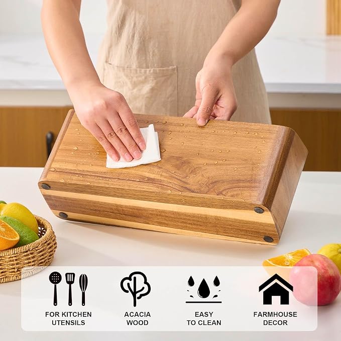 Wooden Utensil Holder for Kitchen Counter, Acacia Wood Kitchen Utensil Holder for Countertop with 4 Compartment, Cooking Utensil Organizer, Silverware Caddy (Acacia Wood, 4Compartment) - Image 4