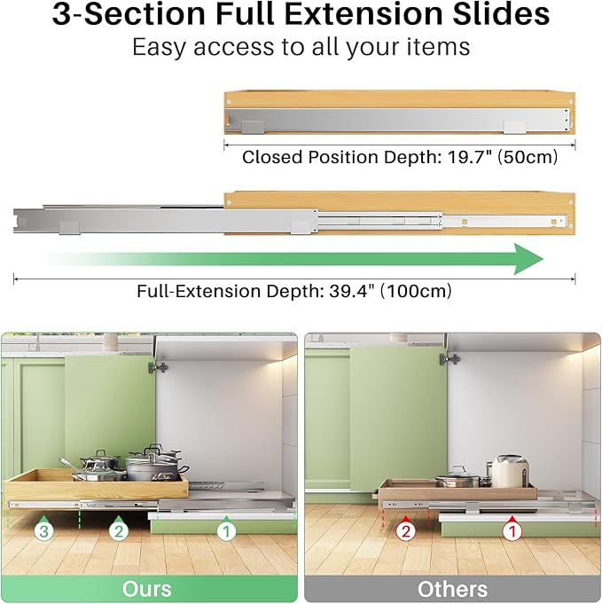 Pull Out Cabinet Organizer, Soft Close Wooden Slide Out Drawers for Pots and Pans, Full-extension Roll Out Shelves for Kitchen Cabinets, Pantry Organization, Bottom & Side Mount(12"W X 21"D x 3.4''H) - Image 5