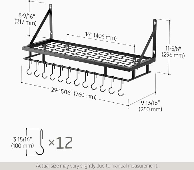 KES 30-Inch Kitchen Pan Pot Rack Wall Mounted, Hanging Storage Organizer | 88 Lbs Capacity, Wall Shelf with 12 Sturdy Hooks, 16-Inch Stud Mount, Matte Black, KUR215S75A-BK - Image 5