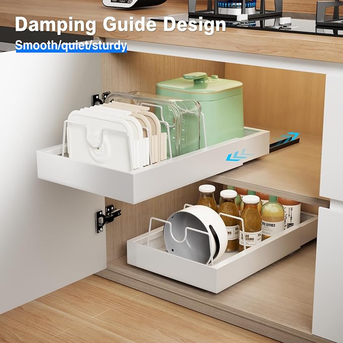 Mustorn 2 Pack Pull Out Cabinet Organizer with 8 Dividers,21.8" Deep Slide Out Drawers for Cabinets Adhesive Pull Out Drawers Heavy Duty Pull Out Shelves for Kitchen, Cupboard, Pantry, Bathroom-White - Image 3