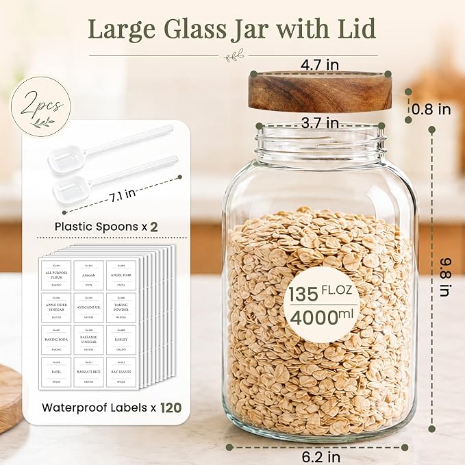 CONNOO 2Pcs-135oz Flour Sugar Storage Containers with Wood Lids | 1 Gallon Large Pantry Containers, Perfect for Flour, Sugar, Rice, Cereal & Dry Food Storage, Includes 120 Waterproof Labels - Image 3