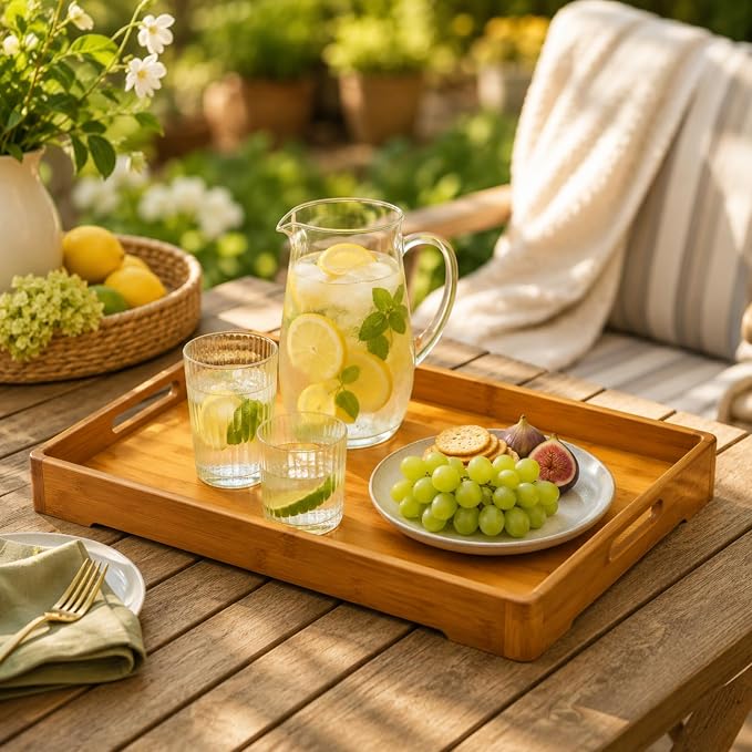 Bamber Large Bamboo Serving Tray Decorative Coffee Tea Platter 18 x 13 x 1.2 Inches - Image 2