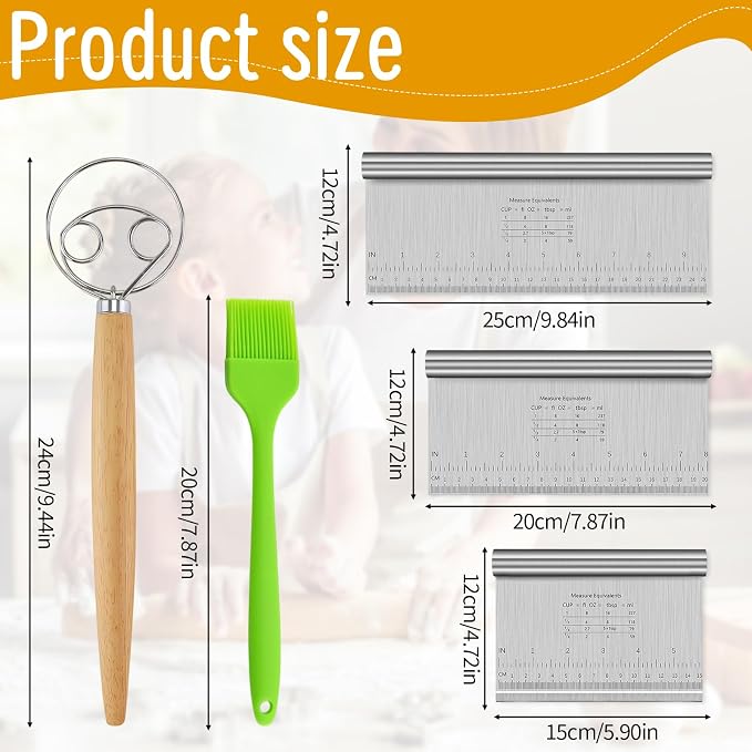 Set of 3 Stainless Steel Dough Scrapers, 15/20/25 cm, Non-Stick Dough Card with Dough Stirrer, Pastry Brush, Dough Cutter, Dough Spatula with Measuring Scale, Cake Scraper for Bread Shaping, Bread - Image 2
