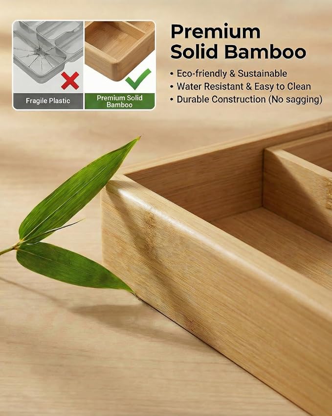 Expandable Bamboo Silverware Drawer Organizer – Adjustable 21" Wide Wooden Utensil Tray with 9-Compartments, Large Kitchen Flatware & Spoon Holder, Natural Solid Wood for Drawers - Image 3