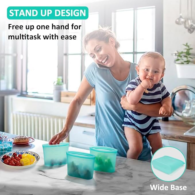 Reusable Snack Bags, 4 Pack, Stand Up 100% Silicone Reusable Storage Bag, Ziplock Silicone Food Storage Containers Snack Size, Freezer Microwave Oven Dishwasher Safe, Aqua, 16oz - Image 4