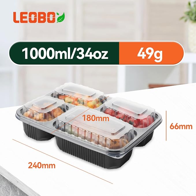 40 Pack 34oz 4-Compartment Bento Box - Shrink-Wrapped No Pre-Wash | Leak-Resistant Takeout Containers | BPA Free Shatterproof Flexible PP | Microwave Safe To Go Box, Bulk Leftover Storage - Image 5