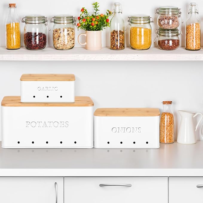 Honeydak 3 PCS White Potato Onion Garlic Storage Bins Set, Metal Vegetable Keeper Containers with Lids Aerating Holes for Kitchen Counter Pantry Keep Fresh Longer Farmhouse for Sweet-potato Fruit - Image 5