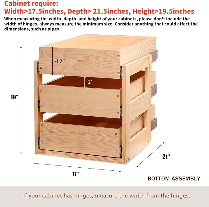 Pull Out Drawers For Cabinets, 17''W×21''D×19''H Soft Close Slide Out Wood Shelves Storage Organizer for Kitchen, 3-Tier, Finished, Heavy-Duty, Bottom Assembly - Image 3