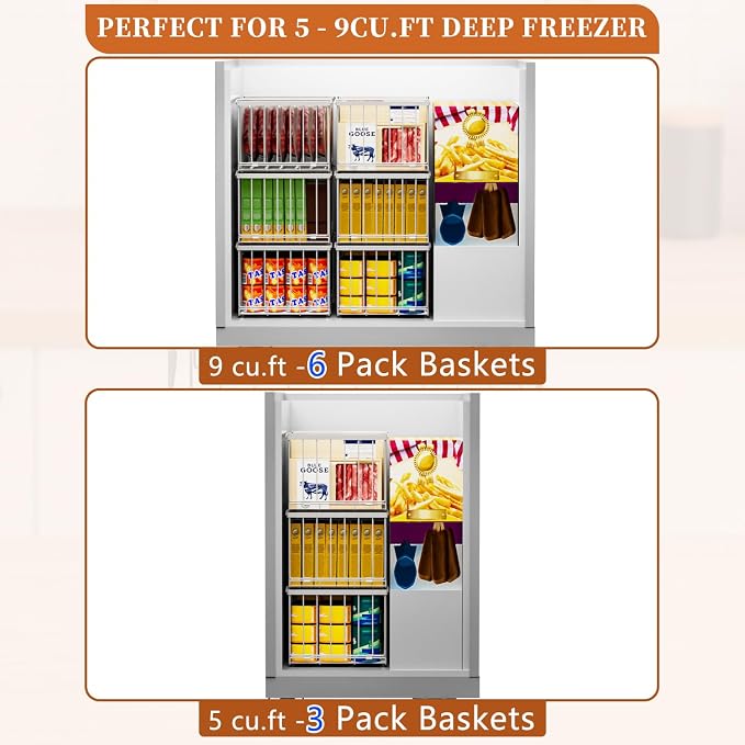 Large Freezer Organizer Bins for 5 to 9 Cu.Ft,Quick Expand/Collapse,6PACK | Freezer Organizer Bins, Stackable,foldable,With handle Wire Storage Container Baskets for Sort Frozen Meats,Leak-Proof Liner - Image 7
