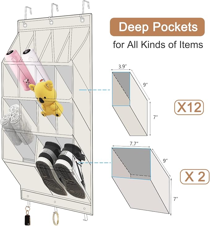 FENTEC 2 Pack Over the Door Shoe Organizer, Hanging Shoe Organizer, 28 Large Deep Pockets Door Shoe Rack with 6 Hooks Shoe Organizer for Shoes, Sneakers, and Home Accessories, Beige - Image 9