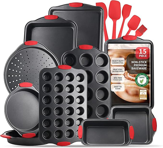 Baking Pan Set, 15 Piece Premium Nonstick Bakeware Sets BPA Free, Cookie Sheets Nonstick Steel Baking Sheets for Oven with Muffin Pan, Cake Pan & Kitchen Utensils - Black by JOYTABLE