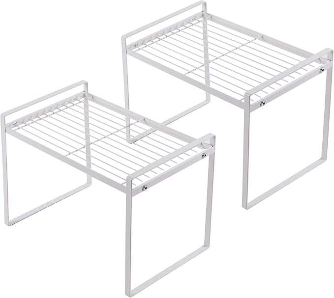 Shantton 2pk Kitchen Cabinet Shelf Counter Organizer Rack Pantry Storage Bathroom Bedroom Office Table Desk Space Saving Steel Frame Stackable Rust Resistant Non Slip White-Tall- L13in W8.3in H9.5in | 2-Pack Stackable Metal Riser Holds 40LBS with Non-S... by Shantton