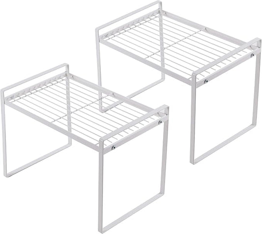 Shantton 2pk Kitchen Cabinet Shelf Counter Organizer Rack Pantry Storage Bathroom Bedroom Office Table Desk Space Saving Steel Frame Stackable Rust Resistant Non Slip White-Tall- L13in W8.3in H9.5in | 2-Pack Stackable Metal Riser Holds 40LBS with Non-S... by Shantton