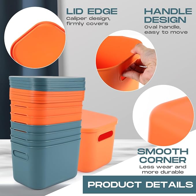 8 Pieces Colorful Storage Bins with Lid, Plastic Storage Basket Organizing Container Stackable Box with Handle for Shelves Desktop Playroom Office(14.2 x 10.2 x 9.5 Inch,Blue and Orange) - Image 3