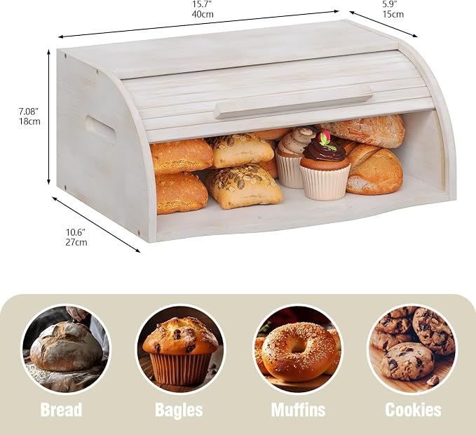 Trironsun Bamboo Roll Top Bread Box for Kitchen Countertop Large Capacity Bread Storage Bin Wooden Bread Storage Organizer Natural Breadbox for Food Storage (Antique white) - Image 5